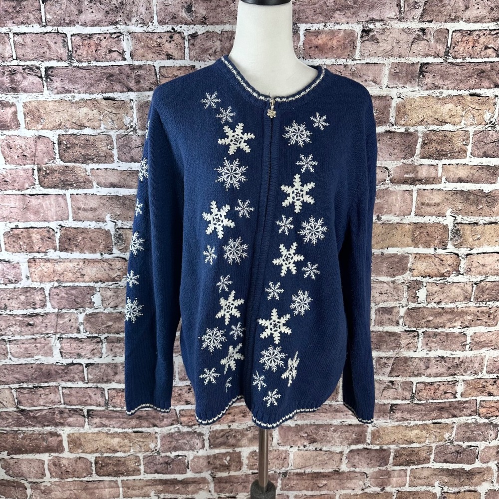 Women’s Navy Snowflake Zip-Front Sweater